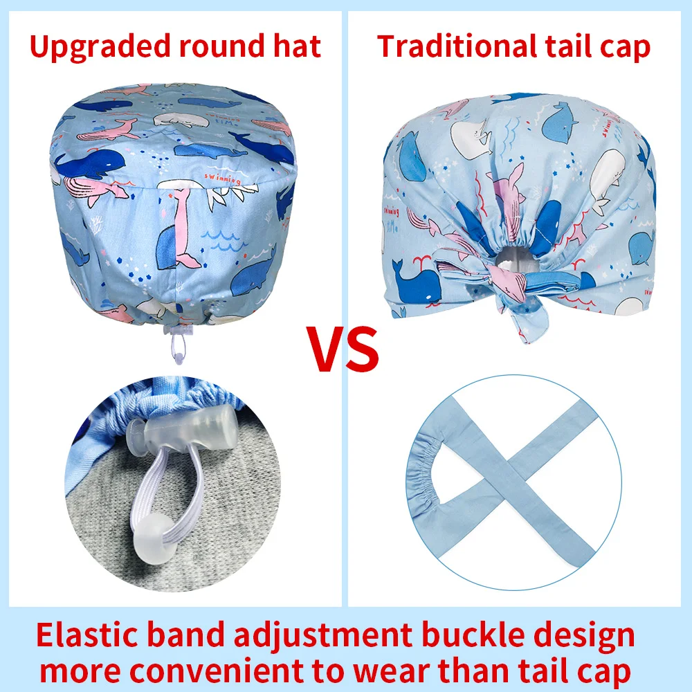 Pure Cotton Scrub Caps Adjustable Elastic Printing Hat Round Head Cover Kitchen Hats with Sweatband Nurse Accessories for Unisex 6