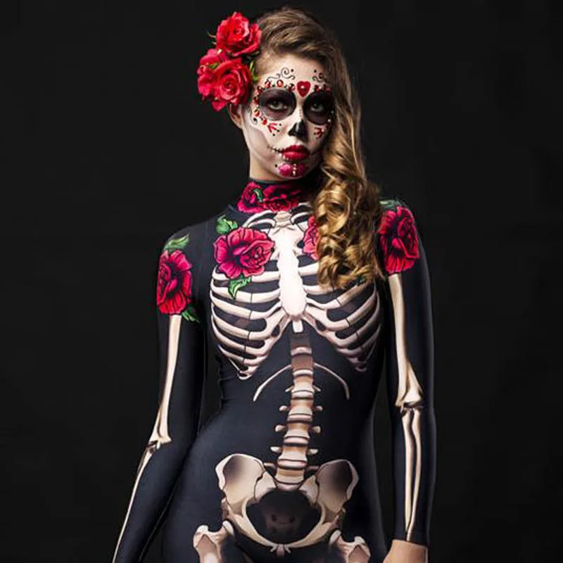 Halloween Costumes Halloween Scary Cosplay Skeleton Rose Sexy Women Jumpsuit