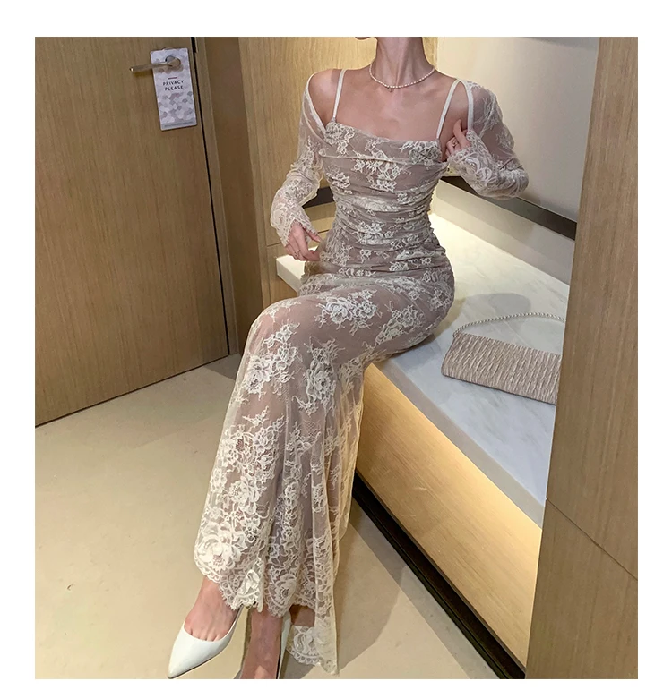Sexy Bodycon Lace Long Dresses for Women Wedding Party Dress Spaghetti Strap with Smock French Vintage Evening Maxi Vestidos New
