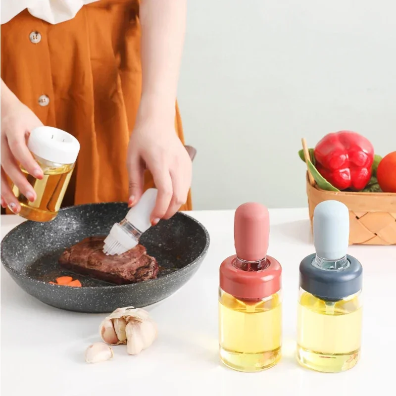 Baking Ration Brush With Bottle BBQ Barbecue Brush Creative Oil Brush Kitchen Oil Bottle Silicone Glass Oil Container With Brush