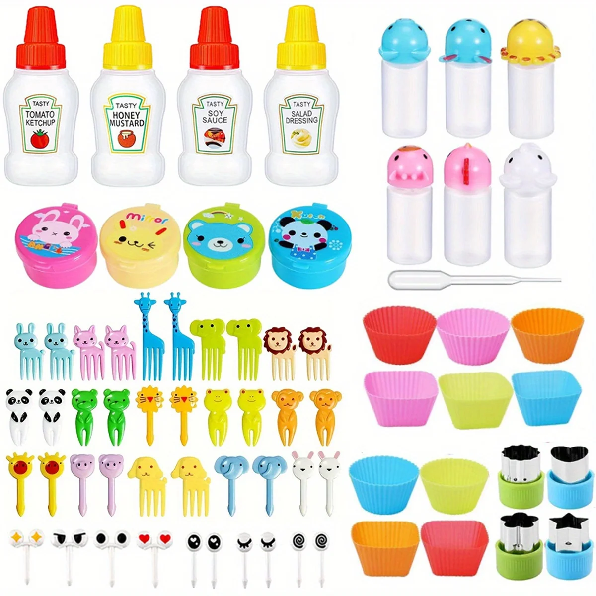 Sauce Bottle Accessories 69PC Lunch Bun Sauce Box Container Food Paddle Mini Plastic Seasoning Squeeze Bottle Cute Lunch Muffin Cup