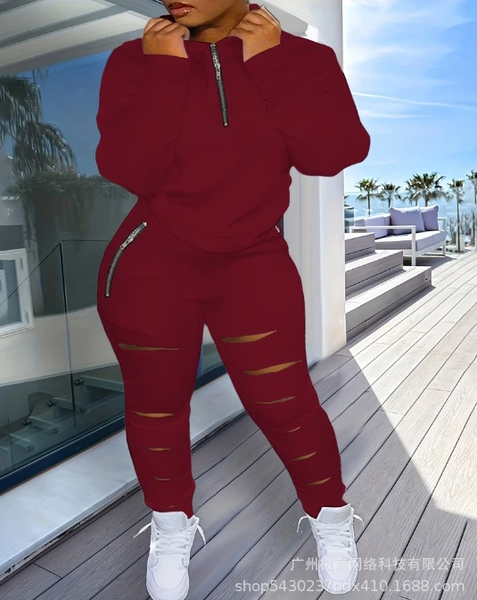 Women's Commuting Style Suits 2024 Spring/summer Latest Solid Color Round Neck Long Slept Zipper Burnt Sweater Long Pants Set