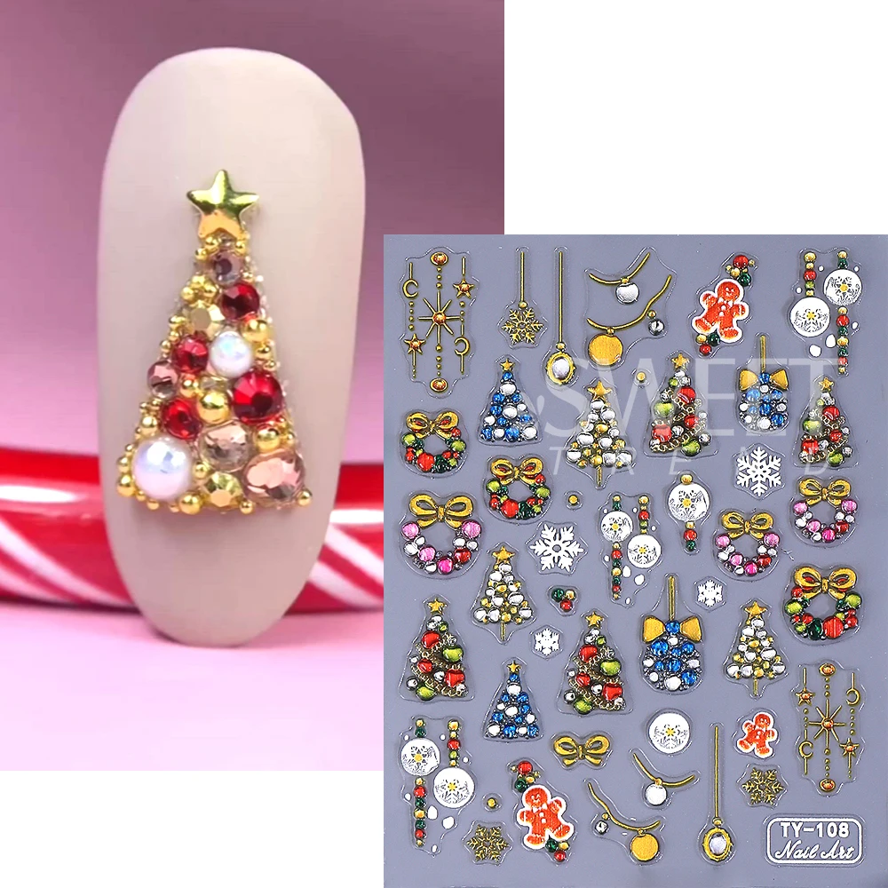 5D Embossed Snowman Snowball Nail Stickers Diamond Christmas Tree Bow Gift for Winter Christmas DIY Manicure Decor Nail Supplies