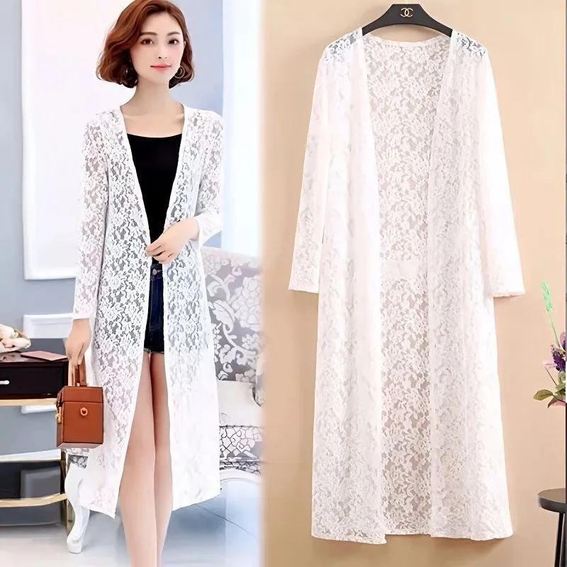 Fashion Women Lace Cardigan Mid-length Summer Mesh Shawl Loose Sun Protection Clothing Women Jacket Shirt Outerwear 2