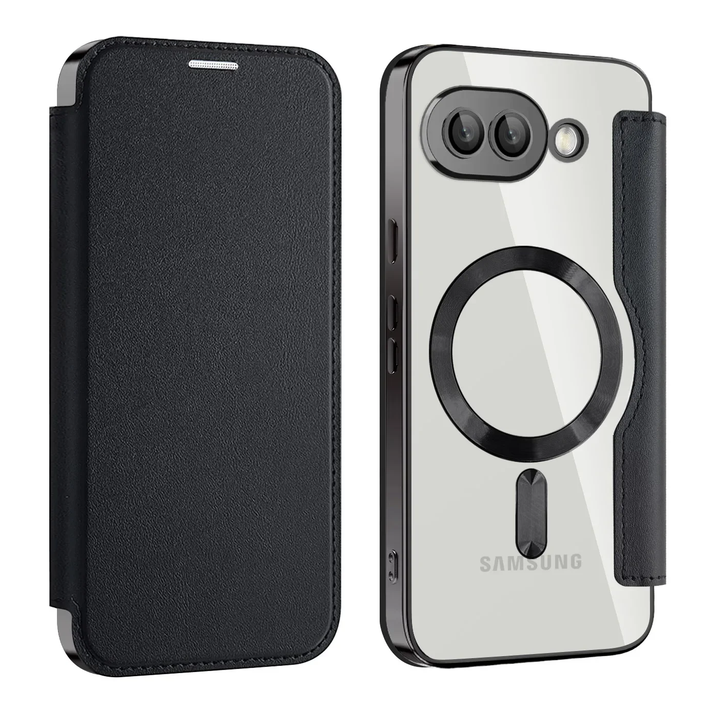 Luxury Transparent Flip Leather Wallet Magnetic Phone Case with Card Slot and Magsafe Cover