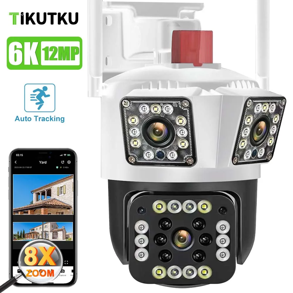 6K 12MP Security Camera WiFi Wireless Outdoor 8X Zoom PTZ Three Lens Smart Protection IP CCTV Video Surveillance AI Tracking 20mp 10k outdoor wifi camera three screen motion tracking 20x zoom camera ptz 360° view security protection video surveillance