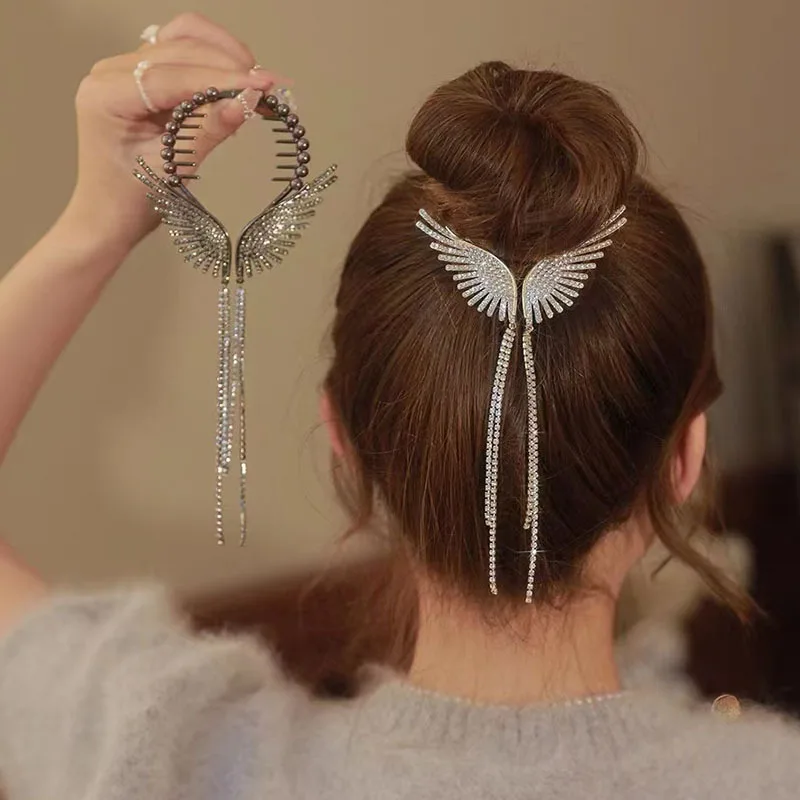 New Angel Wings Pearl Rhinestone Tassel Pill Head Ponytail Buckle Hair