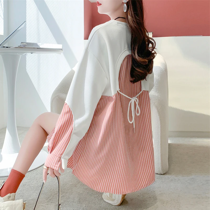 Patchwork Sweatshirts Lace-Up Grey Tops Pink Pullovers Buttons Long Sleeve Poncho Fall Winter Loose Casual Oversized Pullover