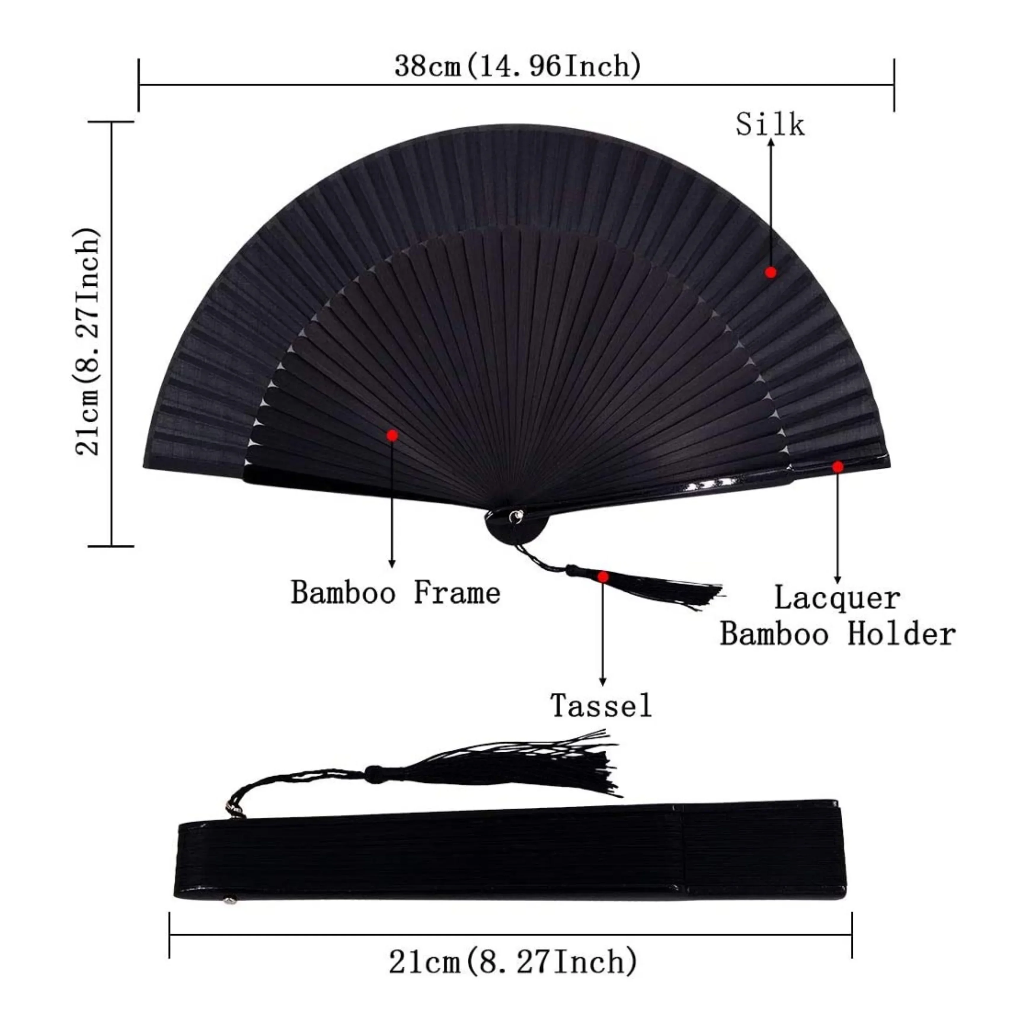Vintage Black Bamboo Folding Fan – Handmade Retro Chinese/Japanese Style, 21.01 cm, Lightweight & Durable