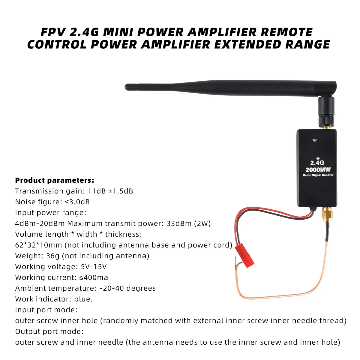 Amplificateur RF 2W 33dBm pour RC drone, avec câble d'alimentation et adaptateurs inclus.