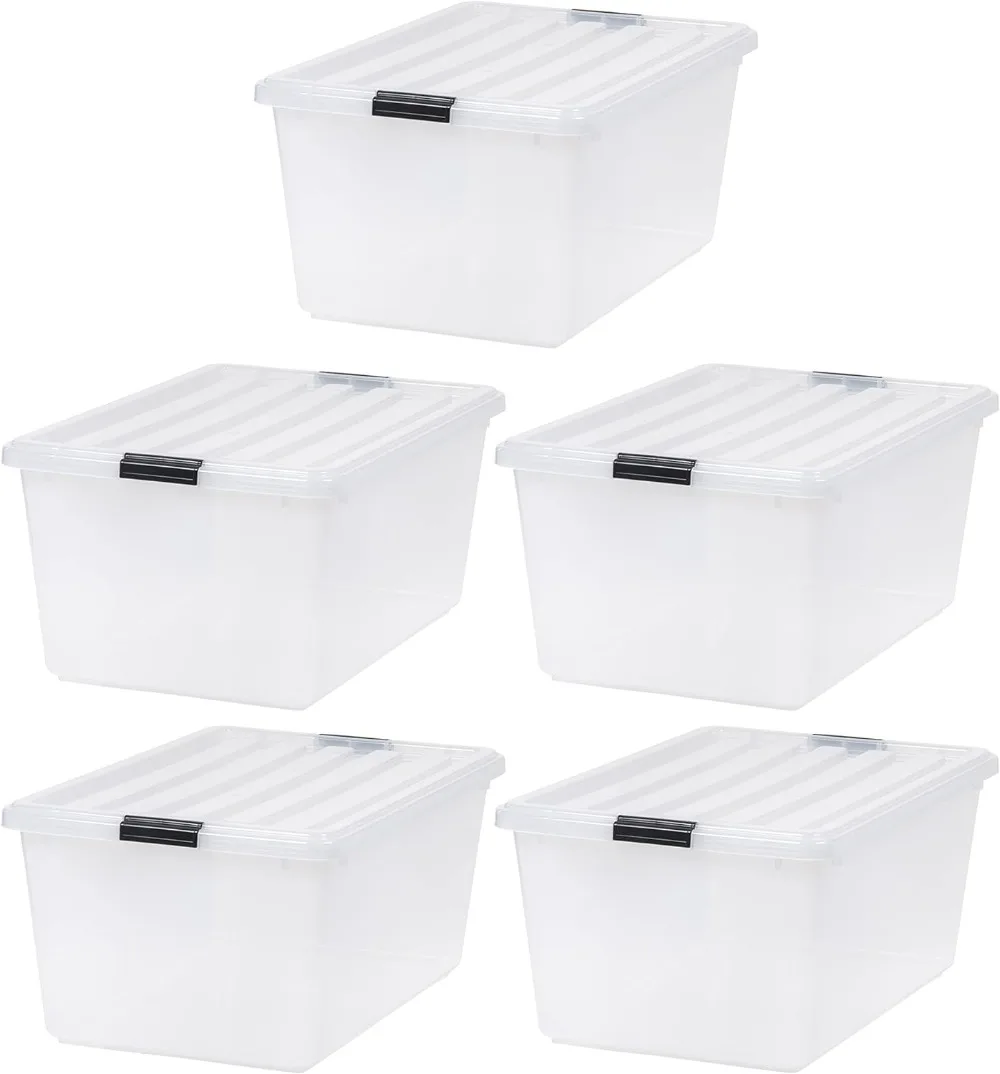 

IRIS USA 68 Quart Stackable Plastic Storage Bins with Lids and Latching Buckles, 5 Pack - Clear/Black, Containers with Lids