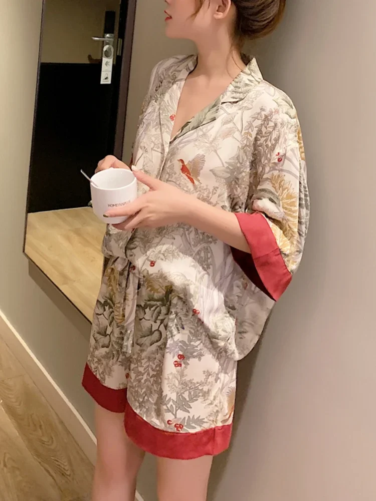 Women Pajamas Set Spring Summer Short Sleeve Silk Fashion Sleepwear 2 Piece