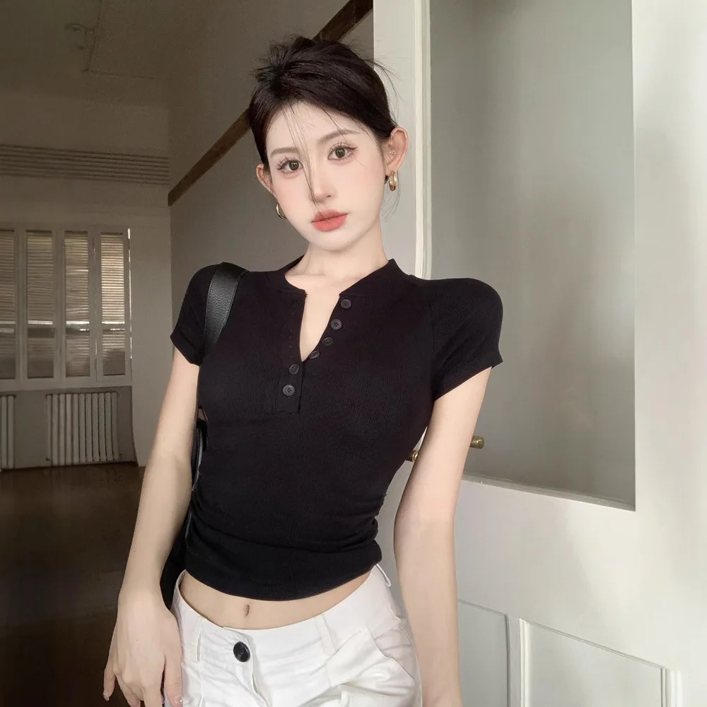 Women Summer V Neck Short Sleeve Cropped T Shirt