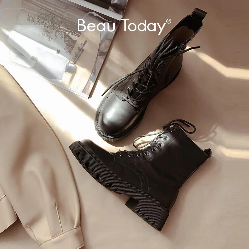 BeauToday Ankle Boots Women Platform Cow Leather Round Toe Lace-Up Zipper Closure Autumn Winter Shoes Thick Sole Handmade 04420