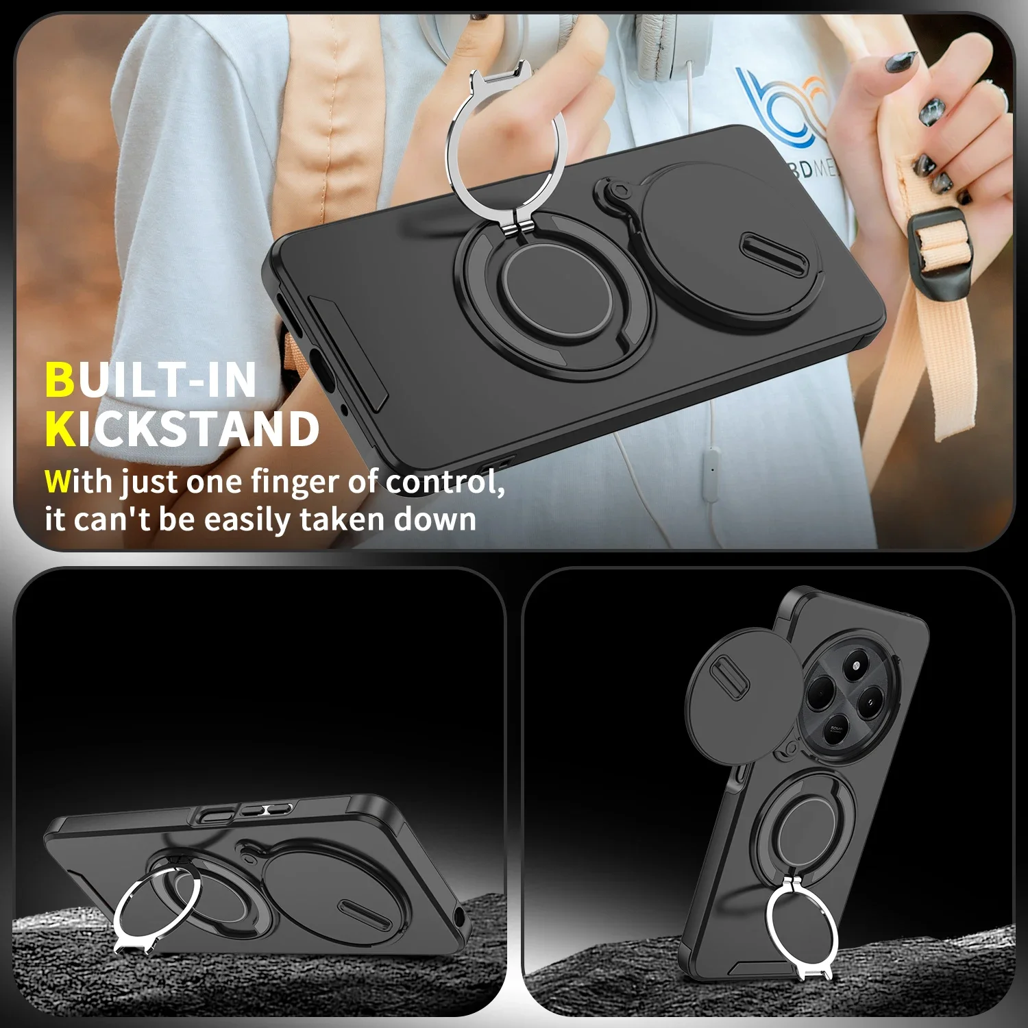 Enhanced Shockproof Armor Case with Slide Camera Lens Protector and 360° Magnetic Ring Stand