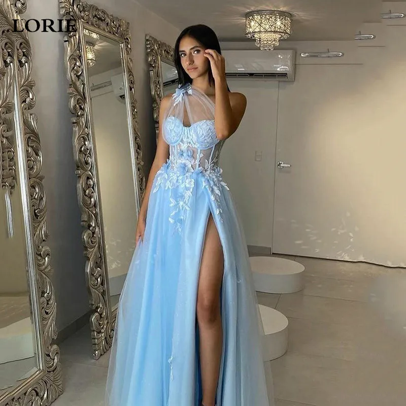 

LORIE Sky Blue A Line Prom Dresses Lace Appliques Sleeveless Side Split Women Formal Evening Party Gowns 2024