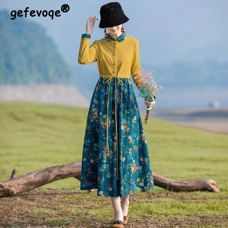 

Spring Summer Ethnic Style Vintage Patchwork Lace Up Dress Ladies Long Sleeve Printing Dress Robe Femme Vestido Women's Clothing