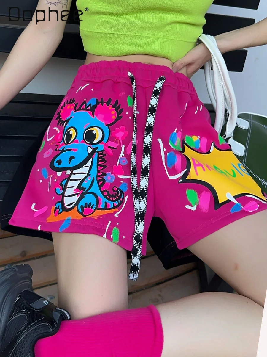 

2024 Summer New Graffiti Shorts Women Loose All-Matching Casual Sports Wide Leg Cartoon Pants Fashion Color Matching Shorts