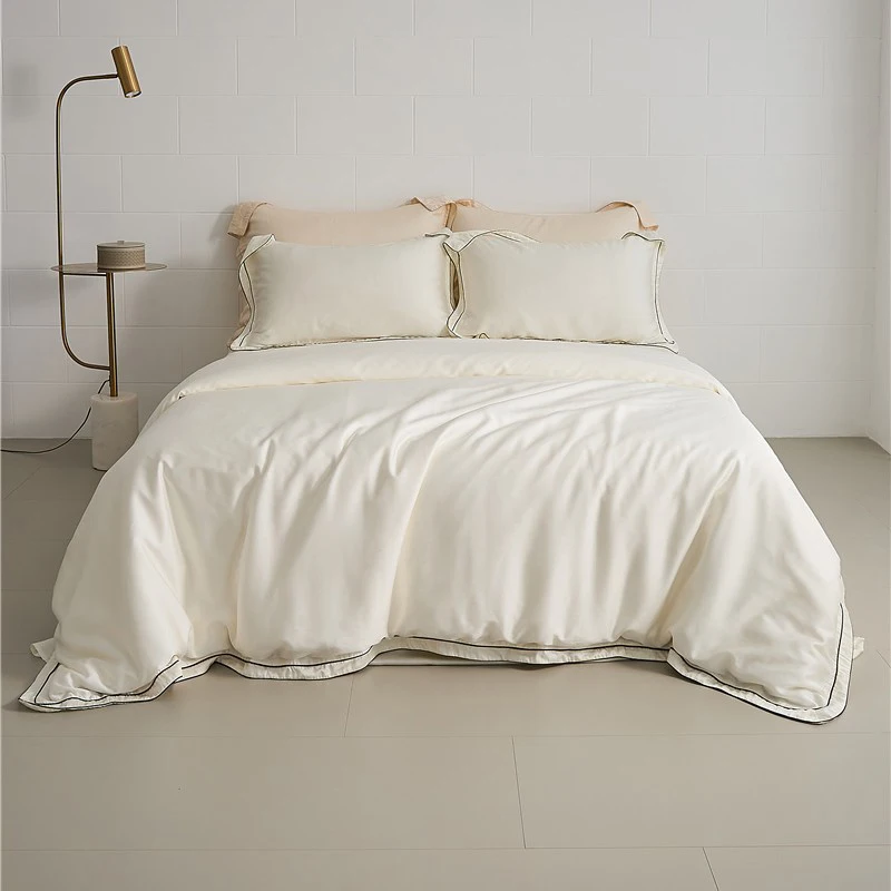 

2024 Long-staple Cotton Four-piece Bed Linen New Stitching Embroidery Plain Color Cotton Bedding Light Luxury Style Off-white