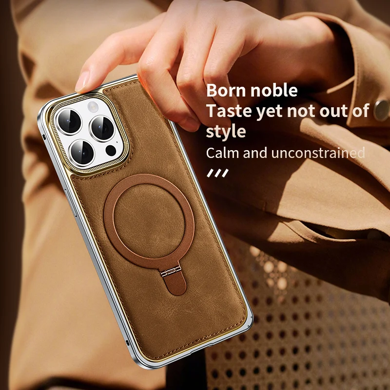 Leather Phone Case Metal Frame Shell Magnetic Stand Phone Cover For Iphone 14 15 16 Pro Max iphone case phone case magnetic case magsafe case phone protector cover leather phone case