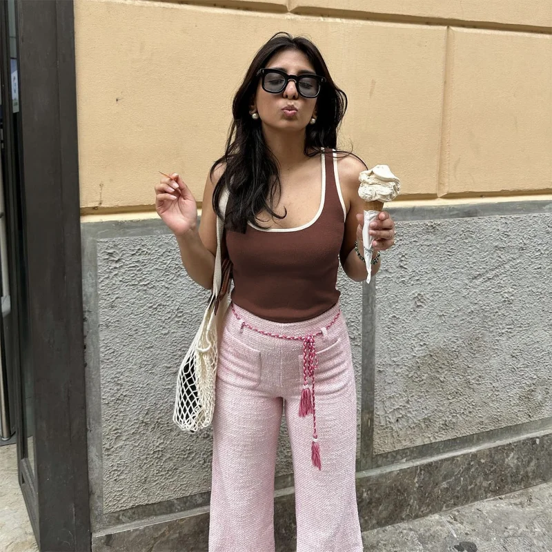 Casual For Women Contrast Y2k Top Vest Backless Patchwork Pullover Top Slim Sheer Tracksuit Summer Cute Female Tank Top