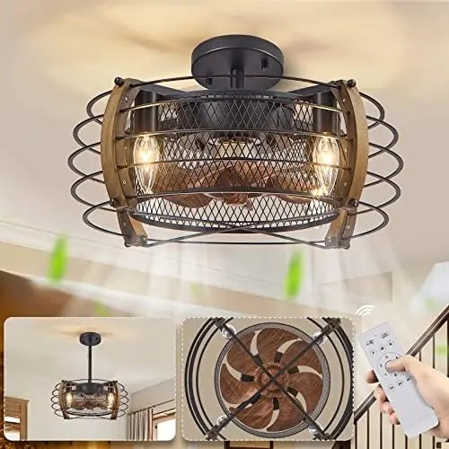 

Farmhouse Low Profile Caged Ceiling Fan with Lights Remote Control,17 Inch Industrial Bedroom Ceiling Fan, Bladeless Ceiling Fan