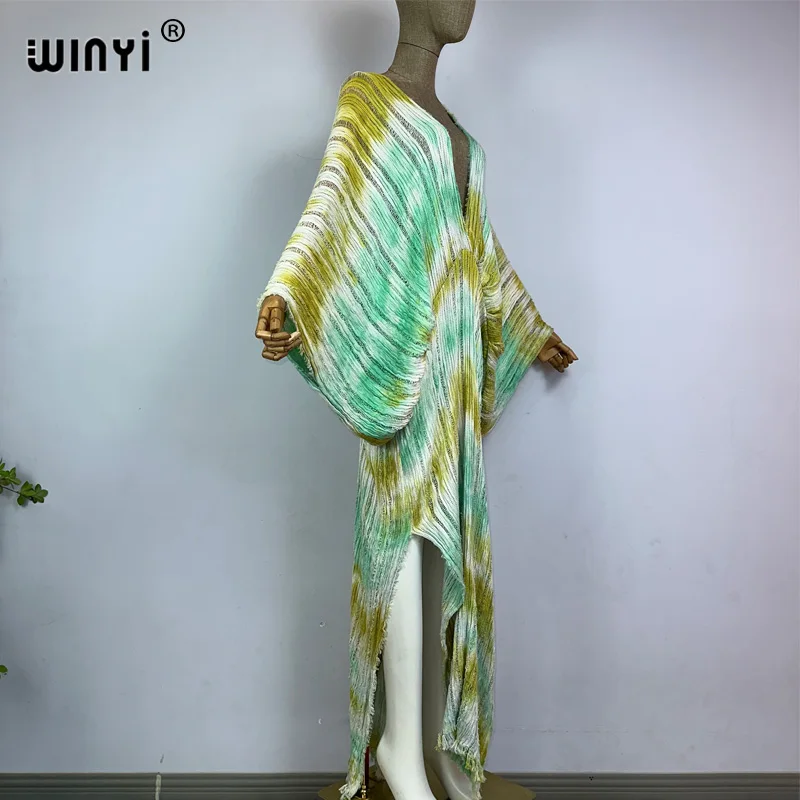 WINYI new tie-dye print summer Deep v-neck Knitted hollow sexy dress Elegant Floor-sweeping evening dress Women Beachwear kaftan