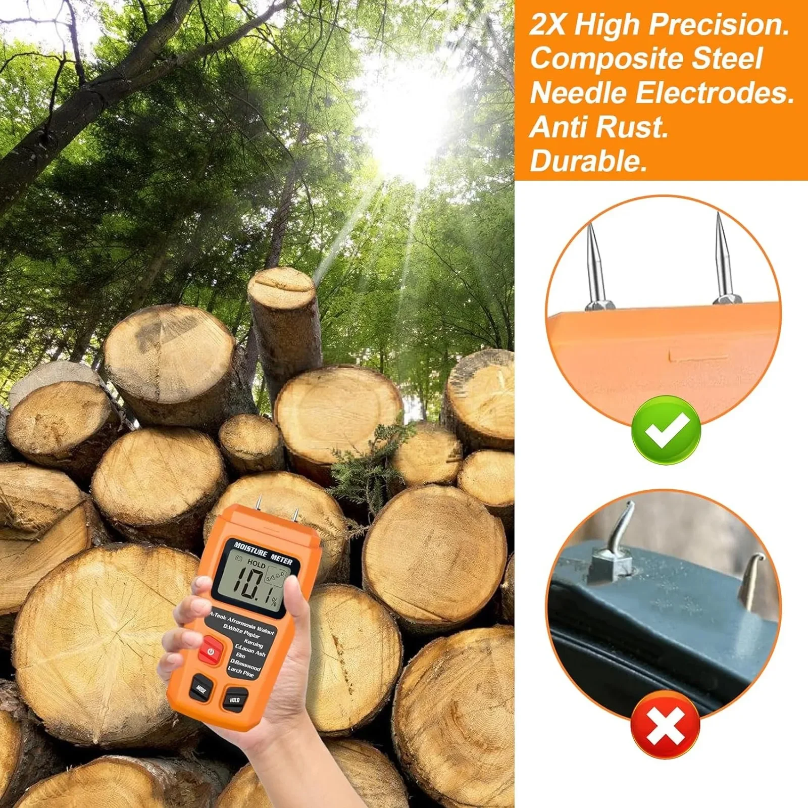 Wood Moisture Meter Digital, 4 Measurement Modes, Backlit LCD Display, Spindle Leak Detector for Firewood, Logs, Walls, Caravans
