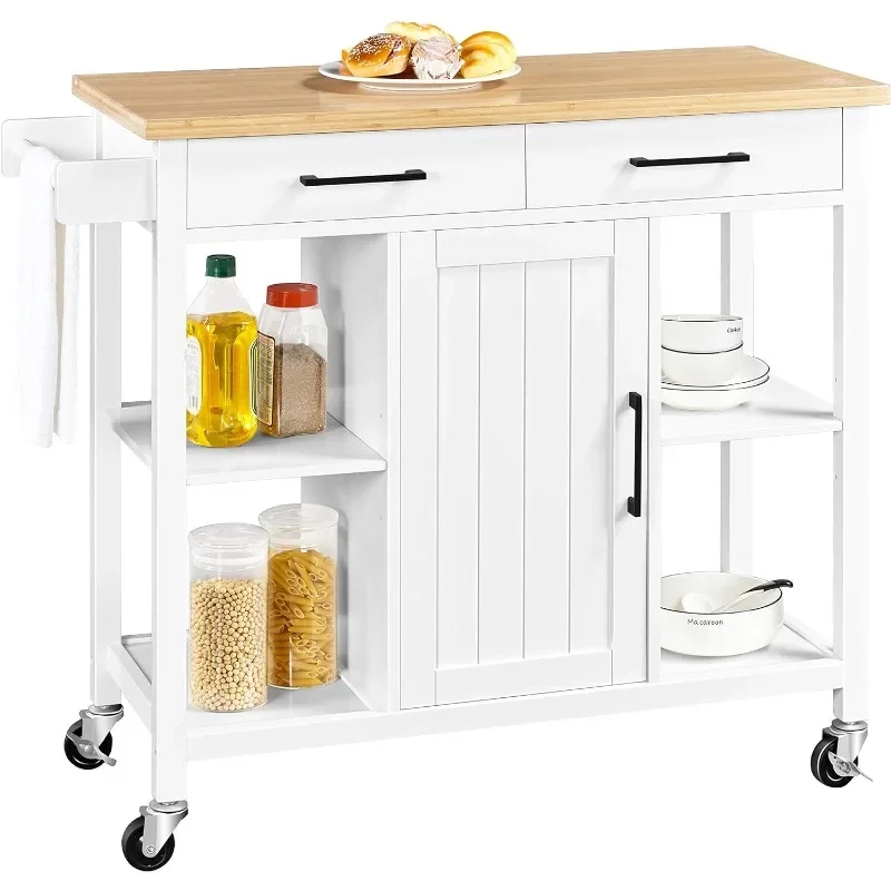 

Kitchen Island Cart with Bamboo Countertop, Rolling Kitchen Storage Trolley with 2 Drawers and Adjustable Shelves