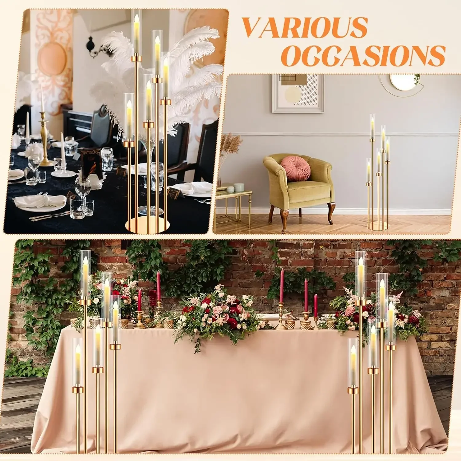 Candelabro A 5 Braccia In Oro | Centrotavola 66 Cm | Con Sfere E Gocce Di Cristallo | Per Matrimoni, Cene Ed Eventi - 4