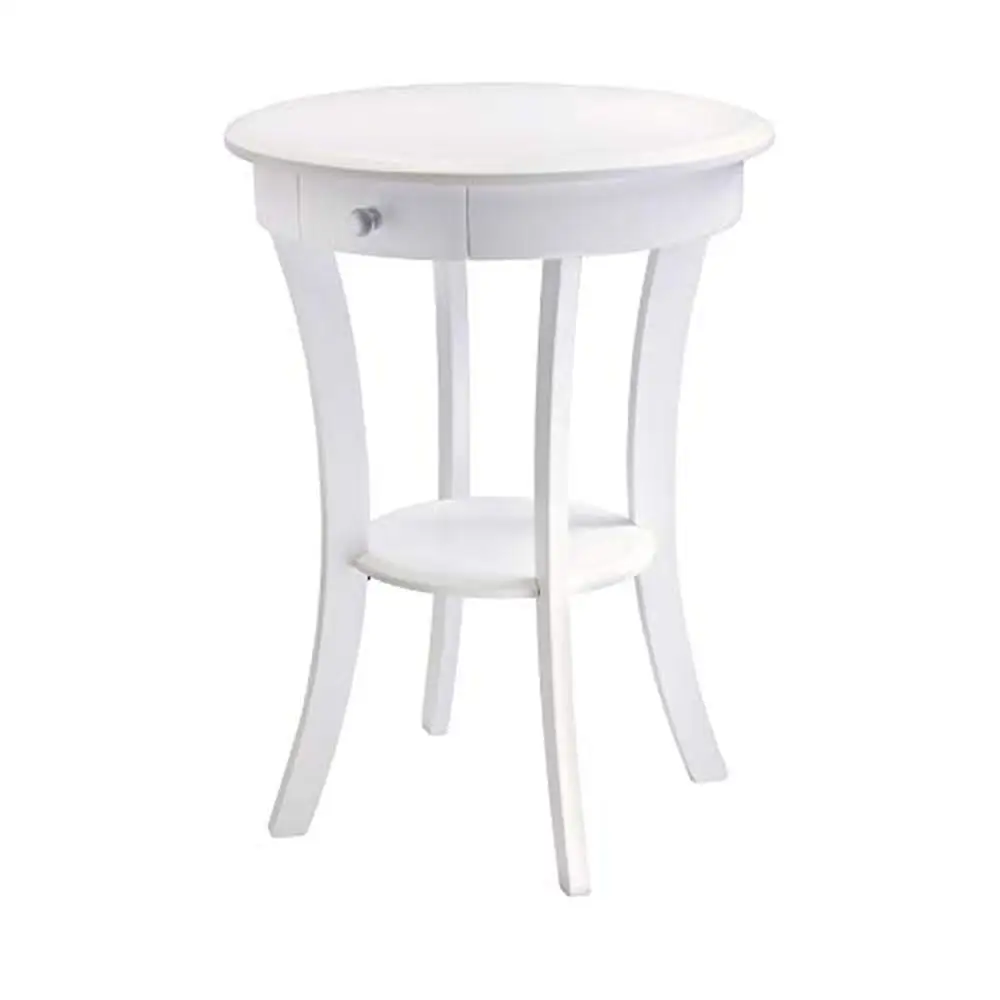 

Round Wood Accent Table with Drawer and Shelf Sturdy Construction White Finish Polished Steel Drawer Knob 20" Diameter x 27"
