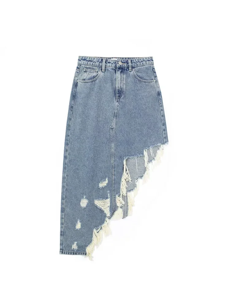 

Women 2023 Spring New Chic Fashion Hypotenuse Hole Denim Midi Skirt Vintage High Waist Button Pockets Female Skirts Mujer
