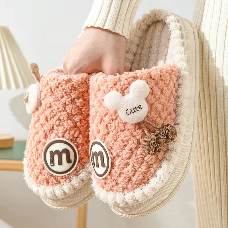 Cute Cartoon Winter Cotton Slippers Women Warm Plush Home Shoes Indoor Cozy Flat Slides Woman Non-Slip Thick Sole Fur Slippers
