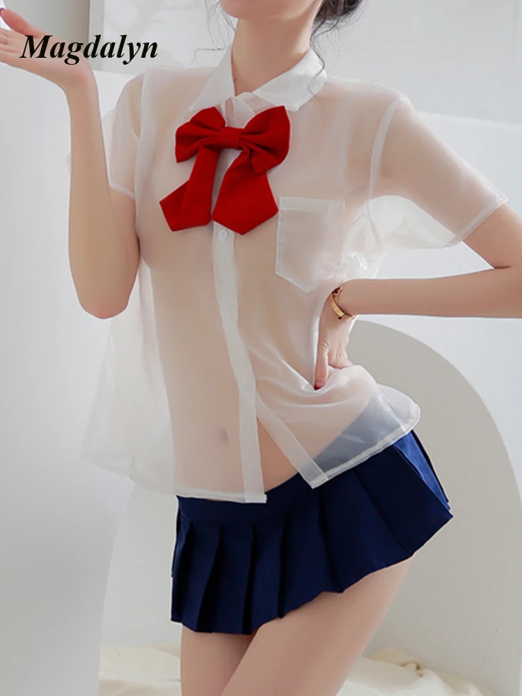 

Magdalyn Women Transparent Skirt Suits Fashion Bow Short Sleeve Solid Blouse Pleated Skirts Erotic Preppy Style Sexy Pajamas Set