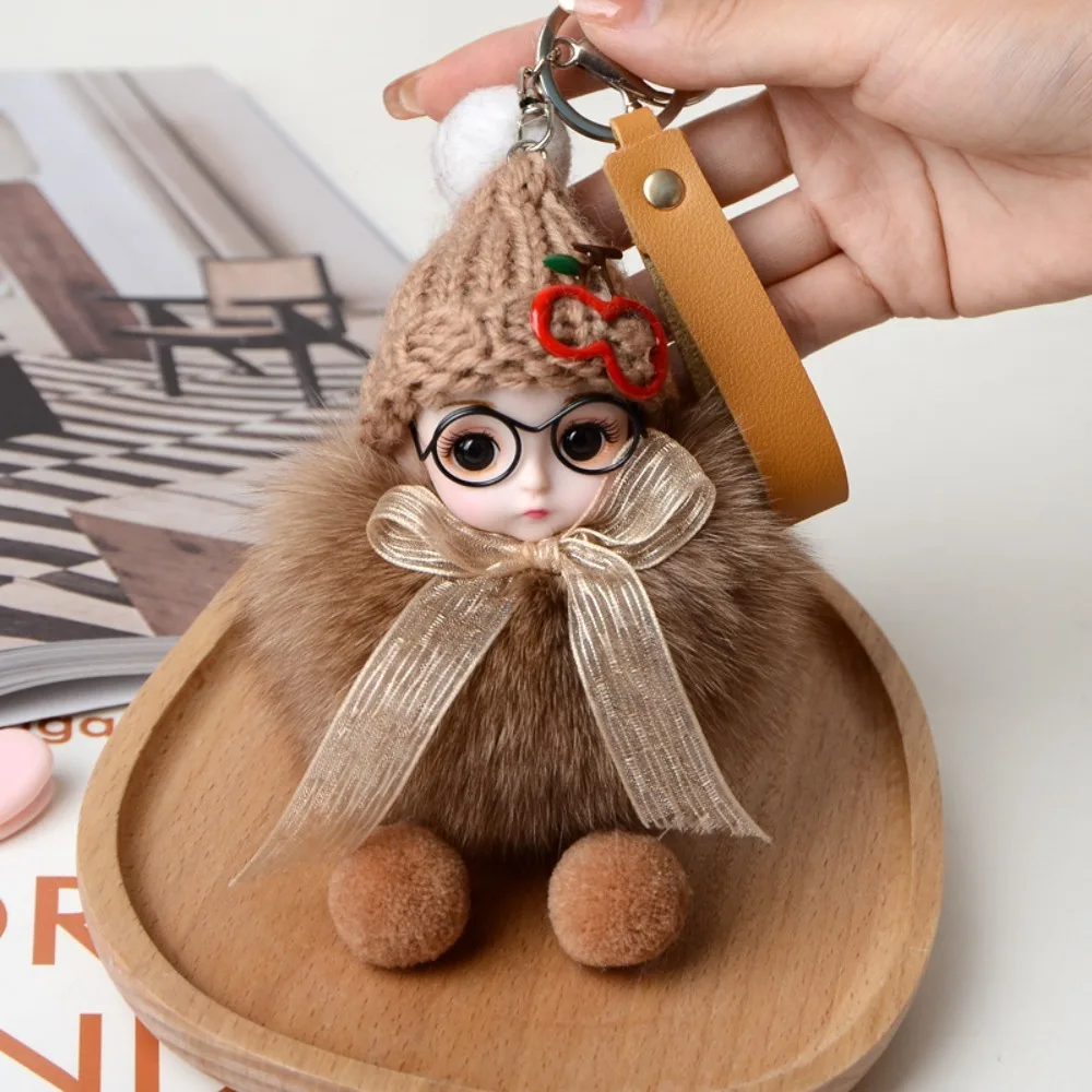 

Eye Glass Doll Cute Pompom Keychain Car Key Ring Real Fur Ball Pompom Doll Keyring Plush Fluffy Baby Doll Ball Key Chain