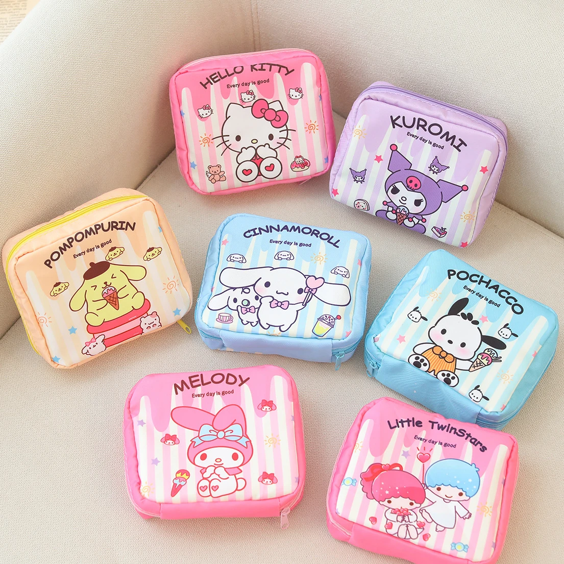 

Cartoon Stripes Series Hellos Kittys Tampon Storage Bag Cute Pochaccos Girls Carry Cosmetics Small Items Coin Purse Gifts
