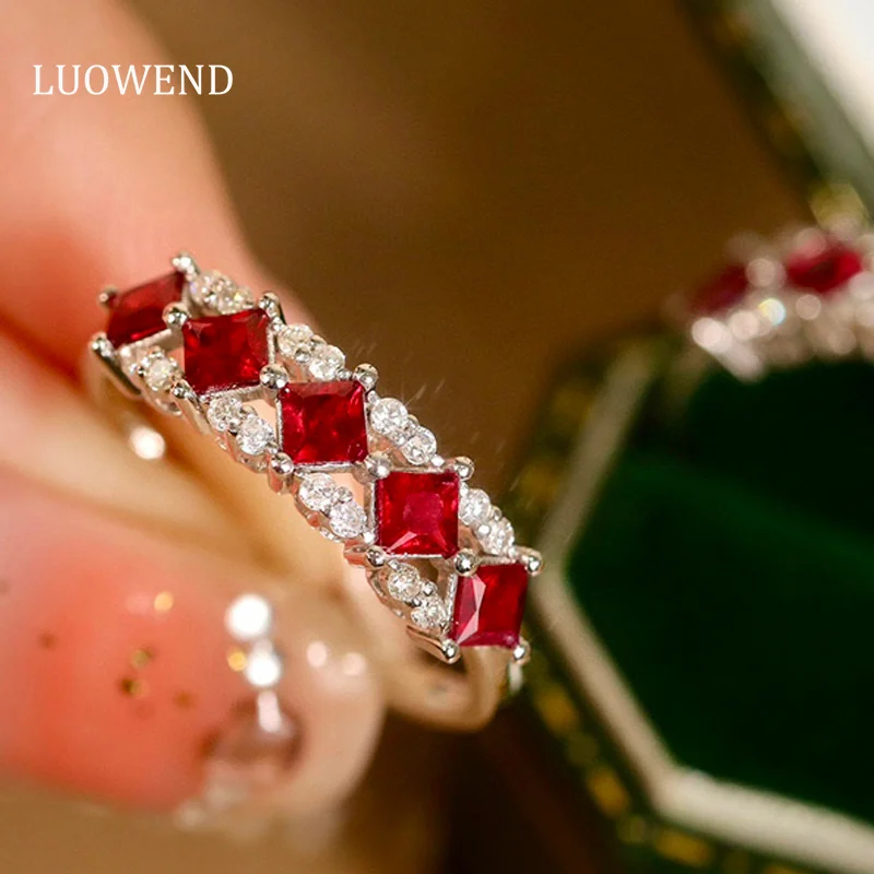 

LUOWEND 100% 18K White Gold Rings Luxury Natural Ruby Ring Classic Diamond Wedding Band for Women Engagement Party