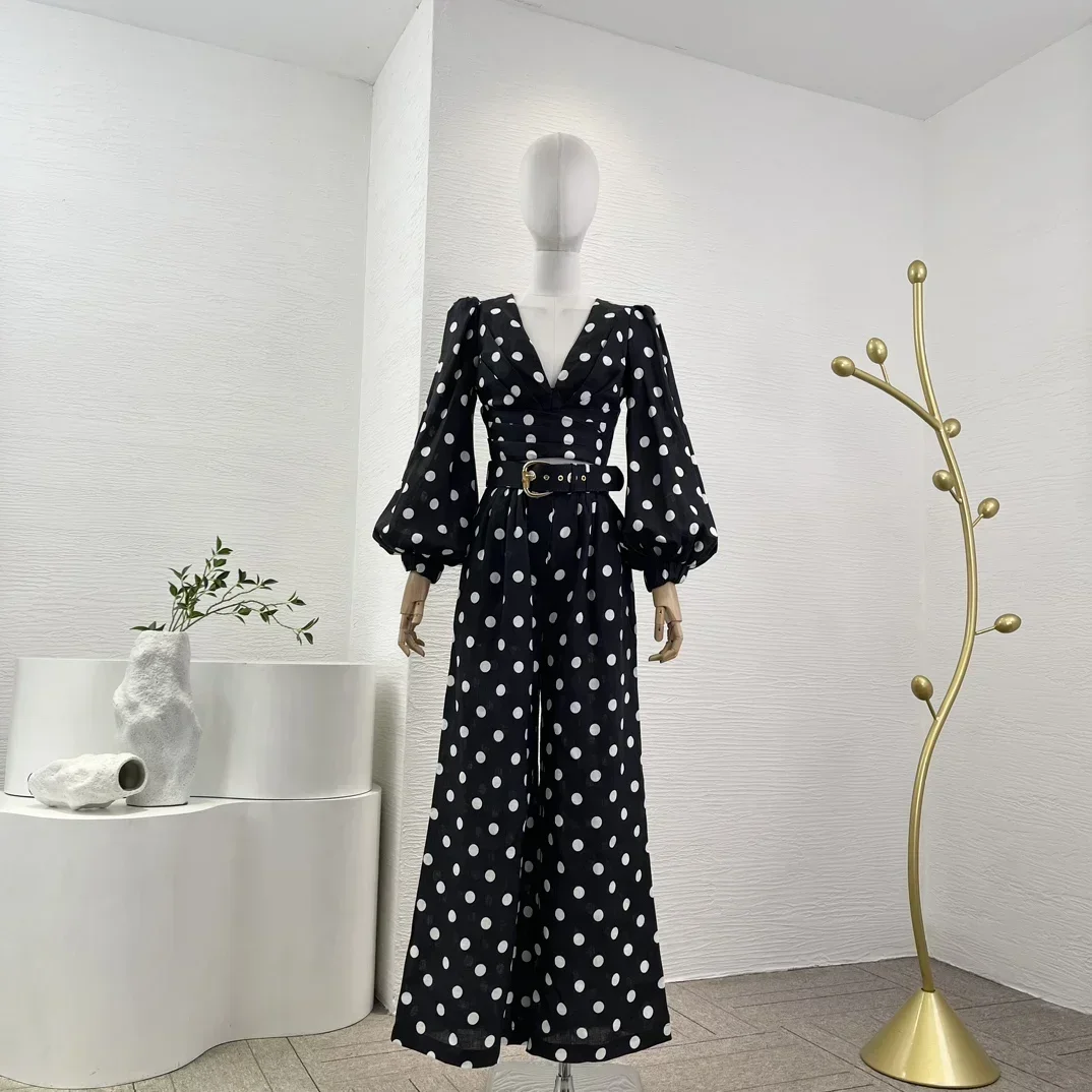 

Женский комплект из 2 предметов, винтажная блузка в горошек с длинными рукавами-фонариками и широкие брюки черного и белого цвета