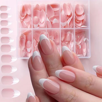 120/240/360PCS Scatola Gel morbido lucido Rosa Punte per unghie francesi Medio Mandorla Bianco Semplice Stampa sulle unghie Unghie finte di grande capacità * &