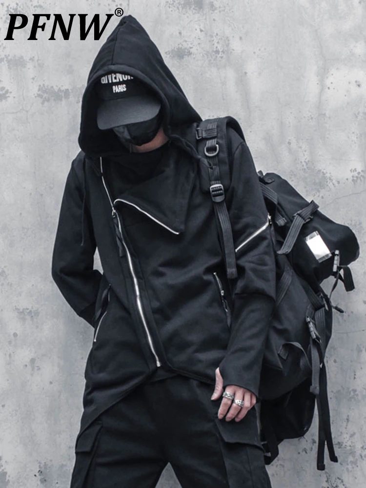 

PFNW Spring And Autumn Middle Long Darkwear Asymmetric Design Coat Gothic Windbreaker Men High Street Hooded Zipper 12A5095