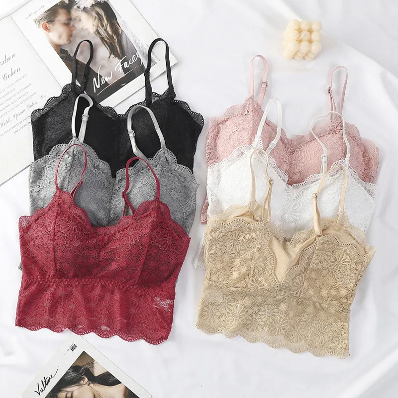 2021 Female Summer Crop Tank Top Women Fashion Deep V Lace Bras Embroidery Floral Tank Top Bra Wrapped Chest Camisole Padded Bra