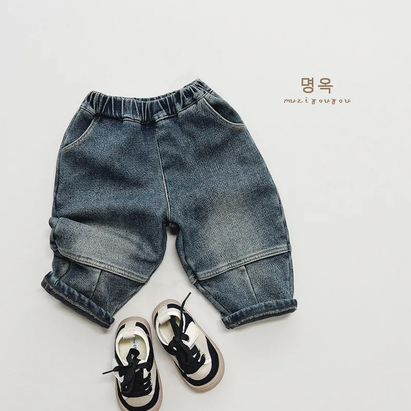 

Spring Autumn Korean Children Boy Denim Pant Cotton Fleece Thicken Baby Boy Trouser Elastic Waist Casual Toddler Boy Jeans Pants