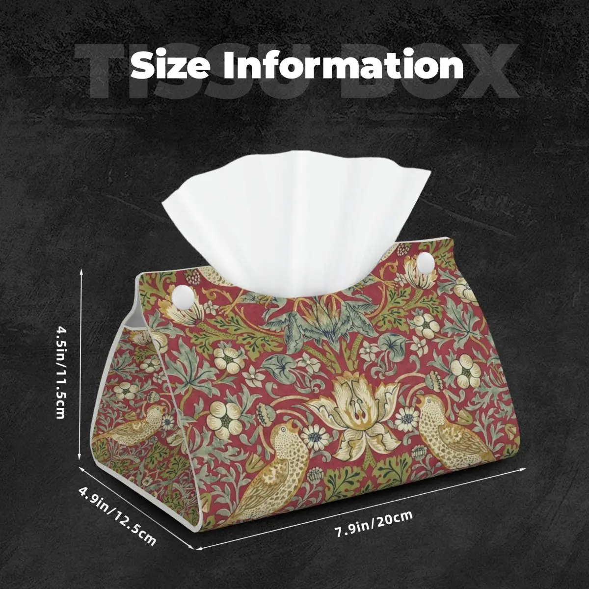 Custom William Morris Strawberry Thief Red Box Cover PU Leather Rectangular Floral Textile Pattern Facial Tissues Holder for 5