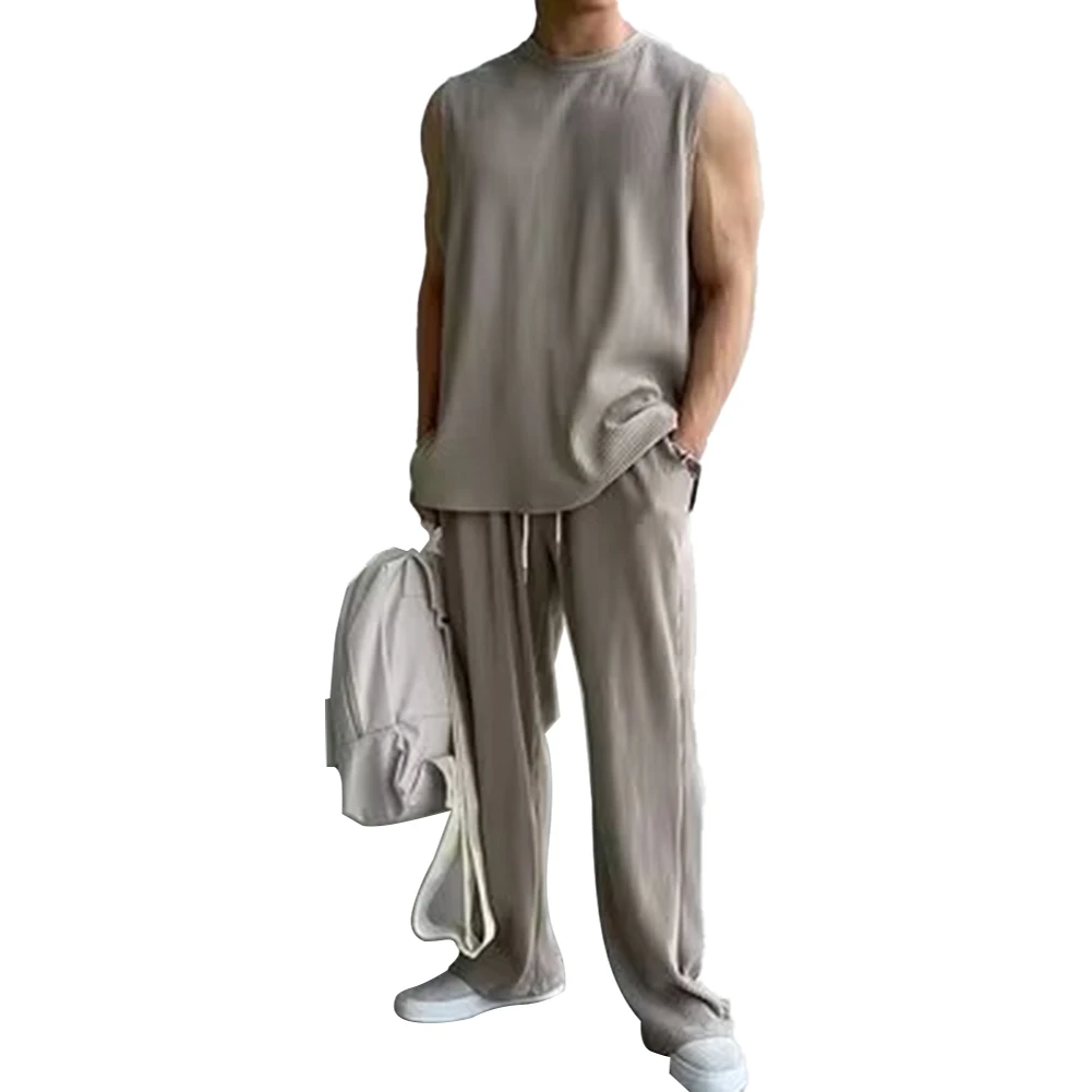 

Модные брендовые Новые повседневные мужские комплекты повседневные свободные с круглым вырезом обычные без рукавов легкая эластичная однотонная летняя одежда