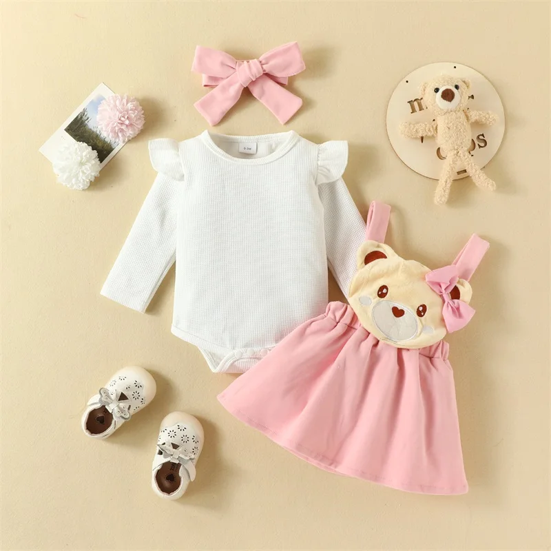

Baby Girls Outfits Newborn Winter Long Sleeve Rompers and Overall Dress Headband Set Infant Skirt Suits