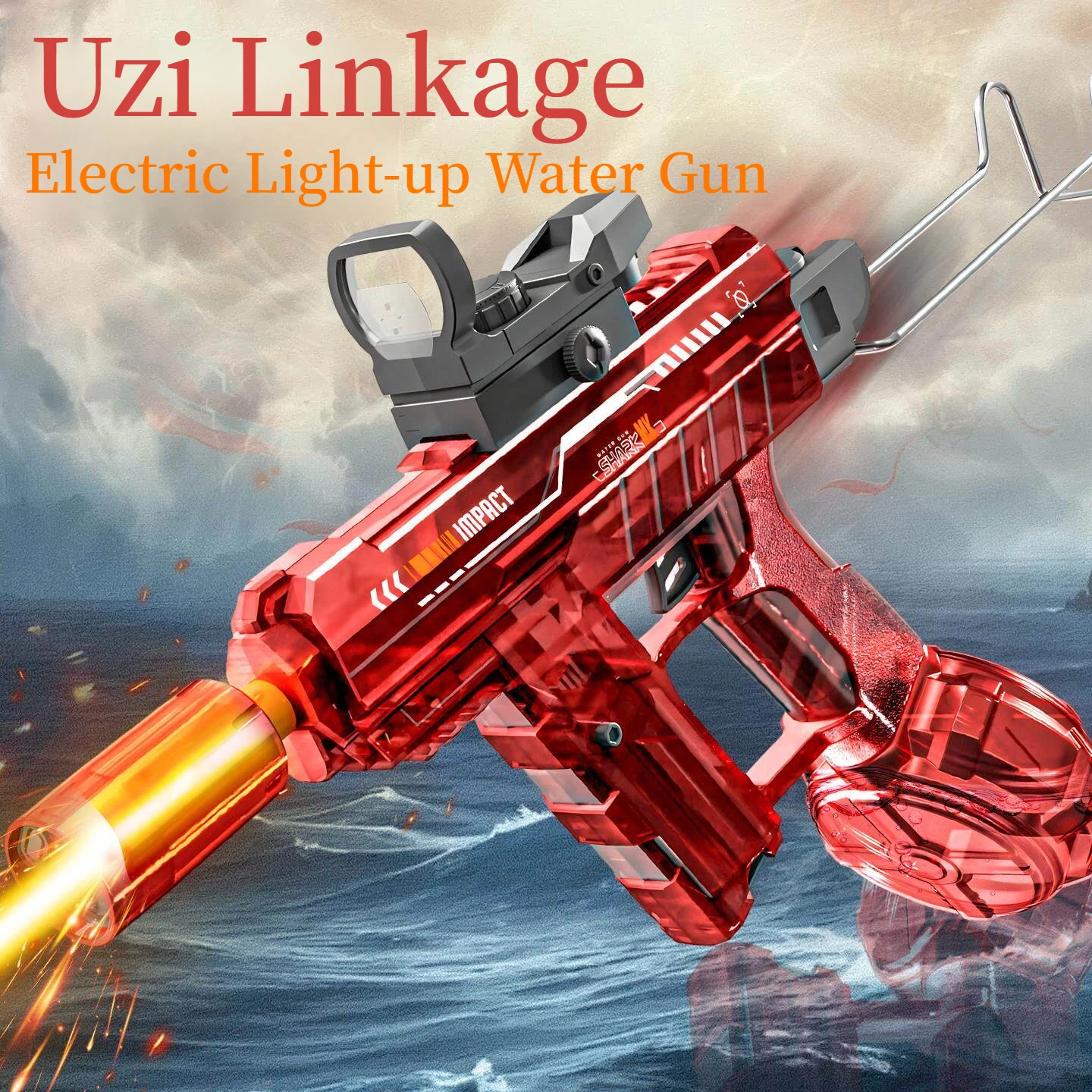 강력하고 빠른 UZI 연사형 전기 물총, 대용량 LED 라이트 건 헤드, 빠른 발사, 남자아이 야외 장난감