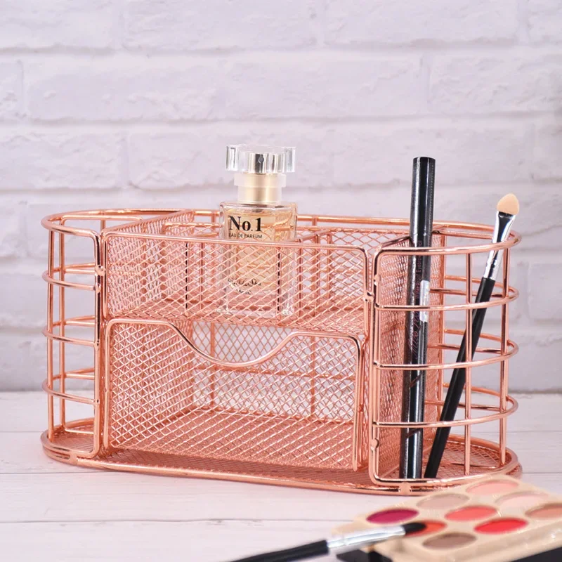 Exquisite Gold Rose Gold Mesh Pen Holder Decorative Iron Stationery Holder Multiple Compartments Desktop Organizer