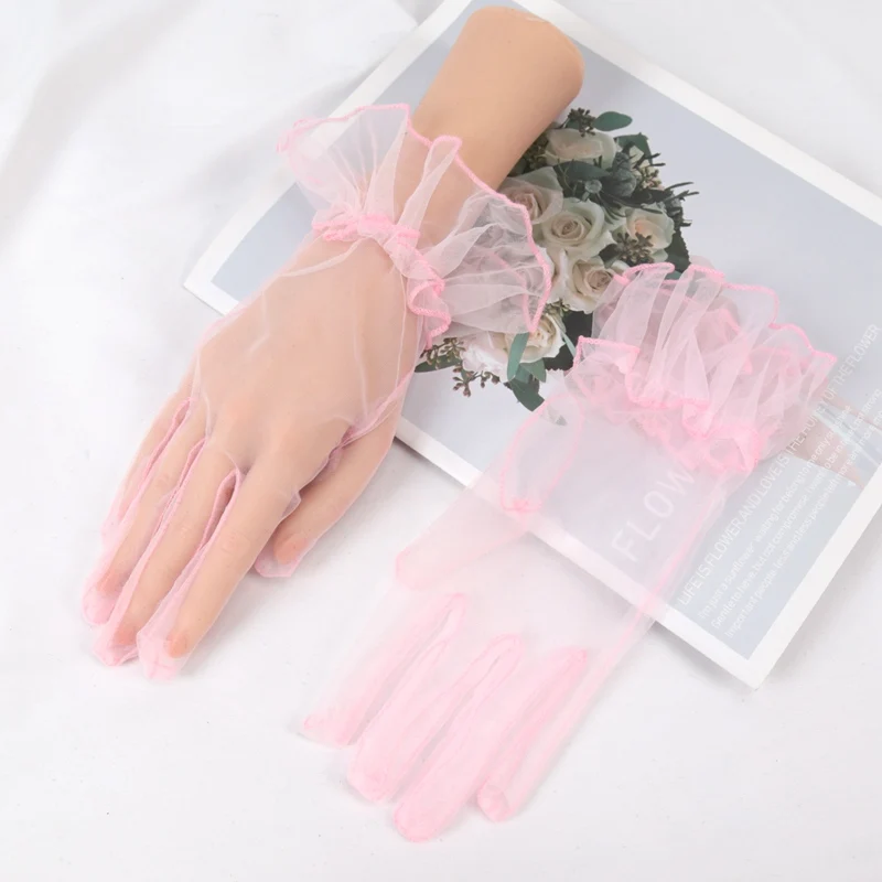 New Sexy Wedding Tulle Gloves for Women Bridal Ultra Thin Breathable Mittens Black Short Mesh Full Finger Guantes Lace Gloves