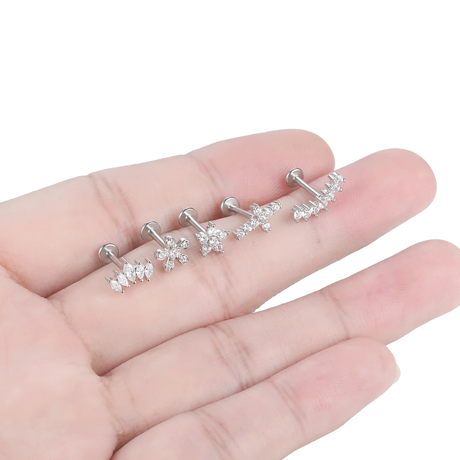 Flower Earrings 1Pc Tragus Piercing Stud Internally Threaded 316L Surgical Steel Labret Monroe Cartilage Helix Ear Jewelry
