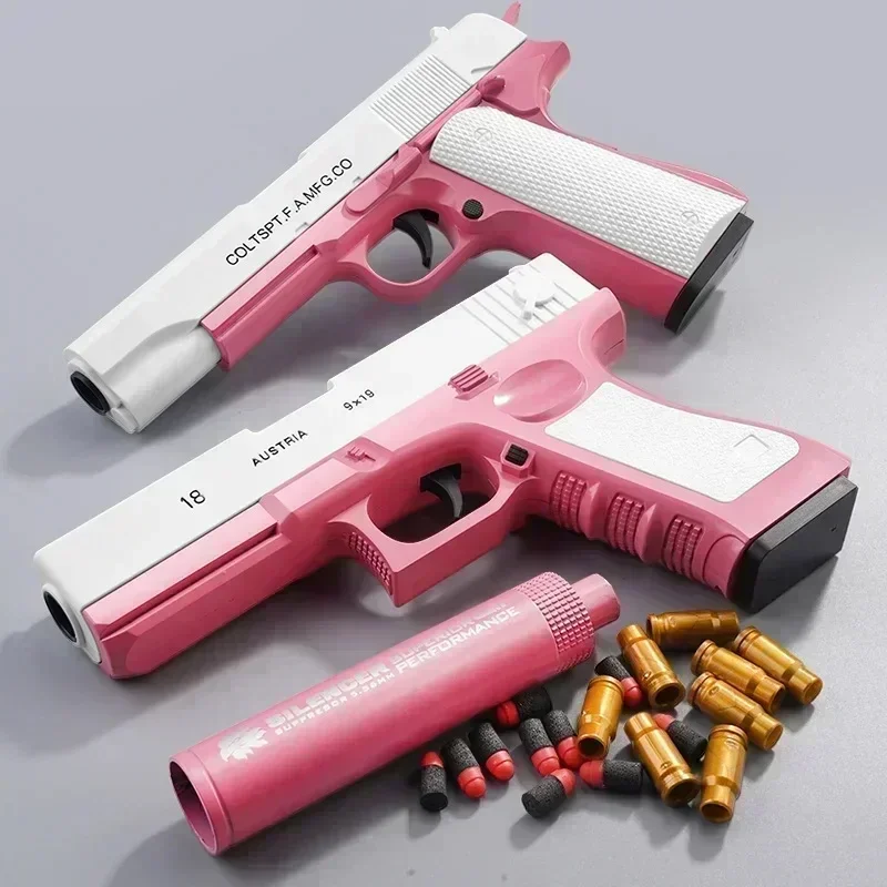 Toy Pistol Soft Bullet Toy Guns M1911 Shell Ejected Foam Darts Blaster Manual Airsoft Weapon with Silencer For Kids Adults 3